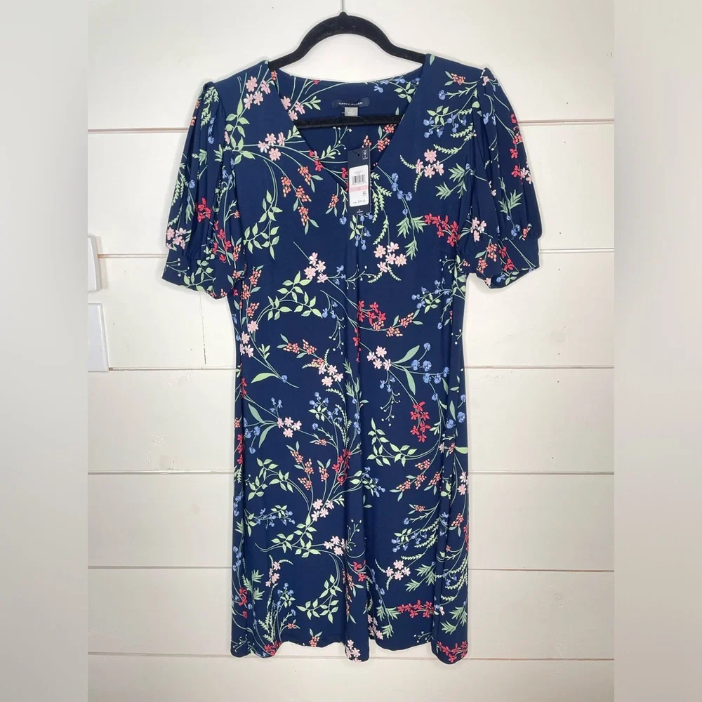 Tommy Hilfiger A-Line Dress 10 NWT Navy Blue Dark Floral Stretch Puff Sleeve - Picture 5 of 9